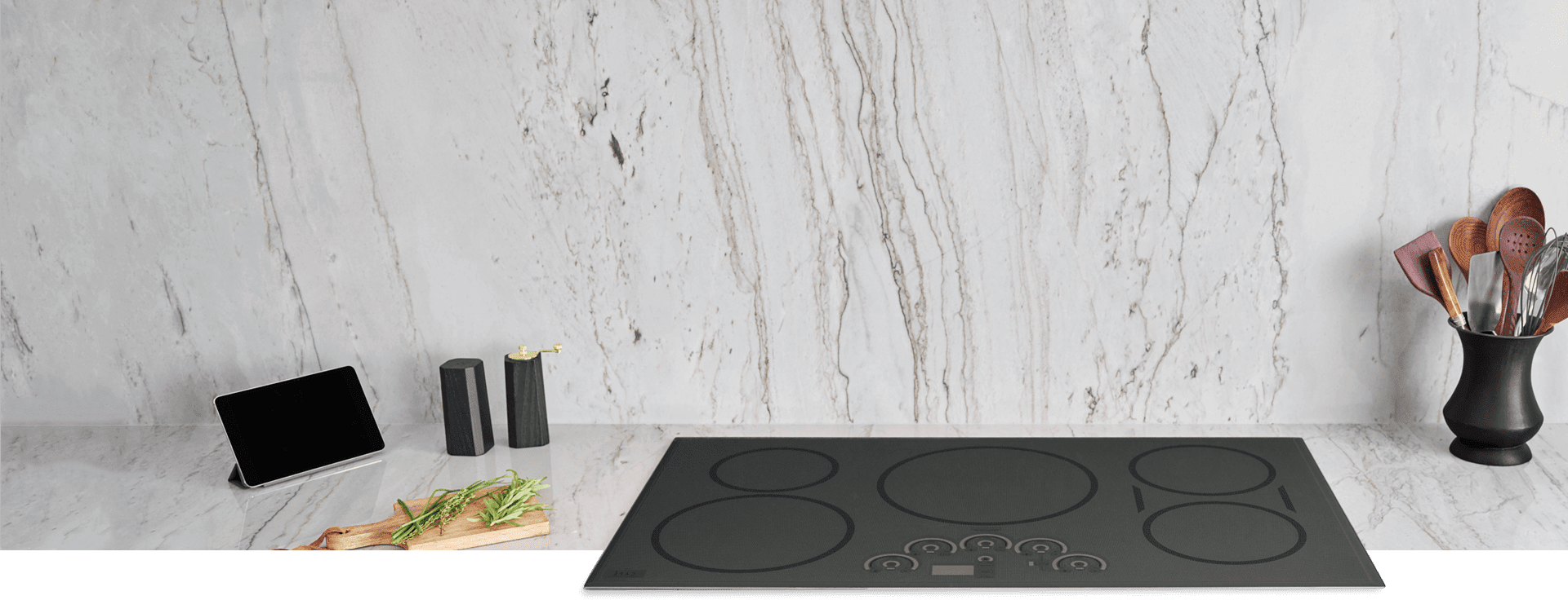 appliance flat cooktop white marble counter